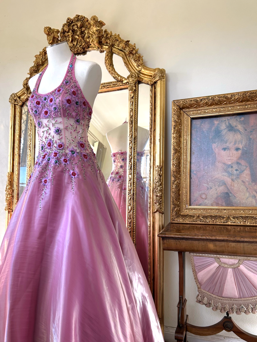 Yve London Y2K Vintage Pink Iridescent Floral Halter Fairy Princess Prom Dress