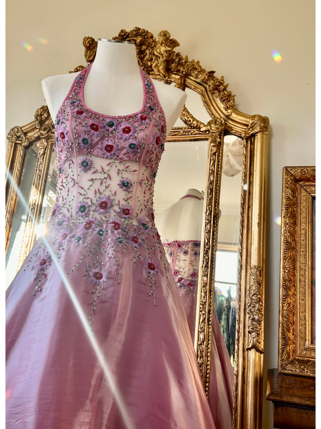 Yve London Y2K Vintage Pink Iridescent Floral Halter Fairy Princess Prom Dress
