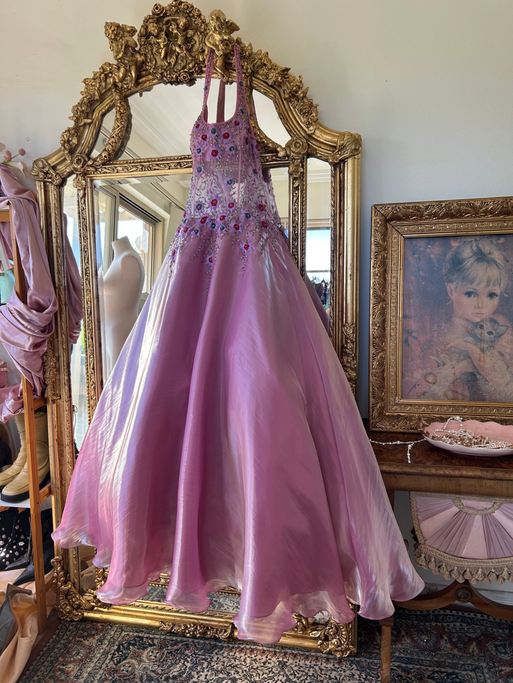 Yve London Y2K Vintage Pink Iridescent Floral Halter Fairy Princess Prom Dress