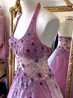Yve London Y2K Vintage Pink Iridescent Floral Halter Fairy Princess Prom Dress