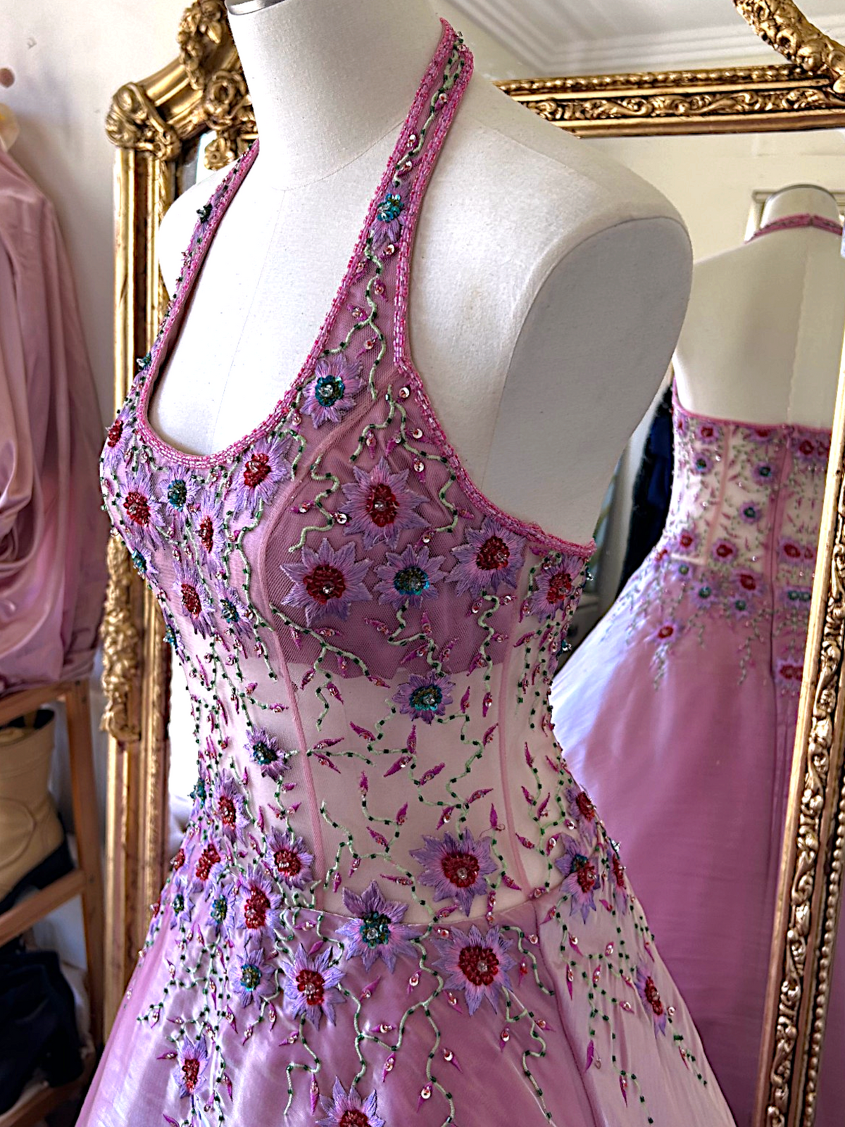 Yve London Y2K Vintage Pink Iridescent Floral Halter Fairy Princess Prom Dress