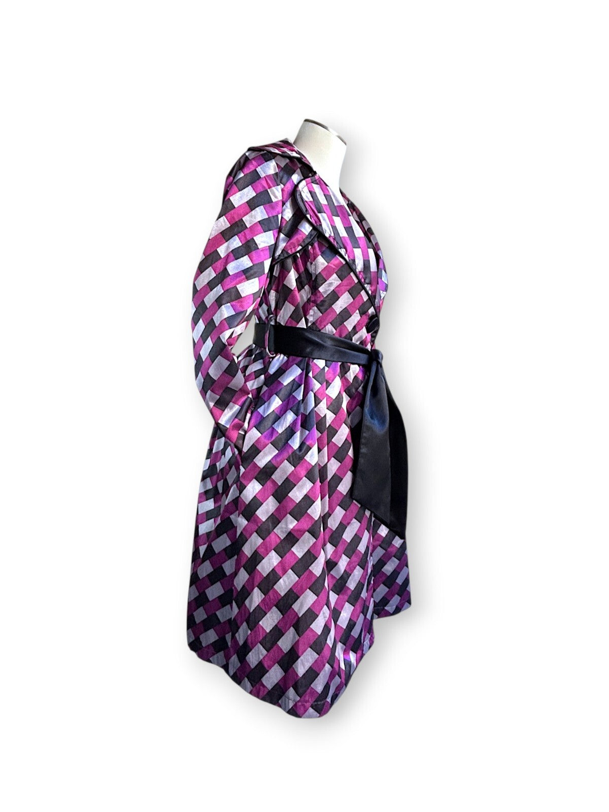 Vintage Harlequin Satin Hostess Dress Coat in Pink Black Diamond Print