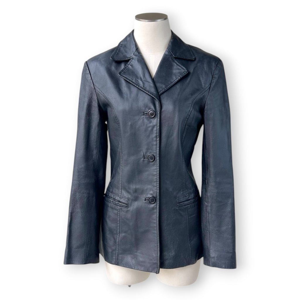 Y2K Black Genuine Leather Tailored Blazer Jacket Office Siren Minimalist Size 8