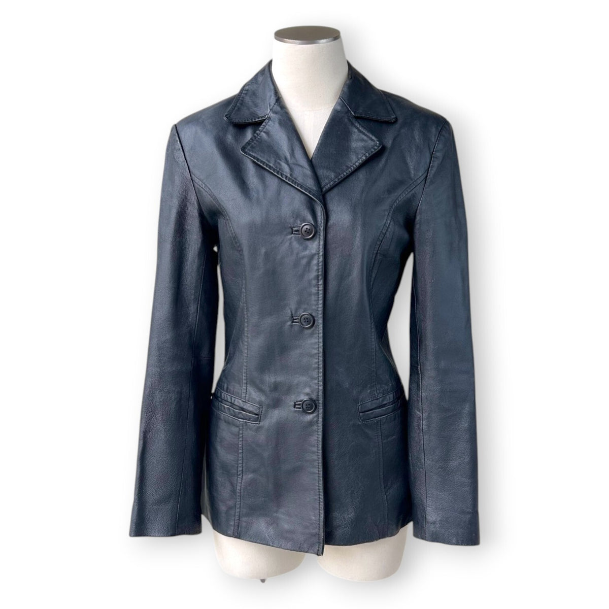 Y2K Black Genuine Leather Tailored Blazer Jacket Office Siren Minimalist Size 8