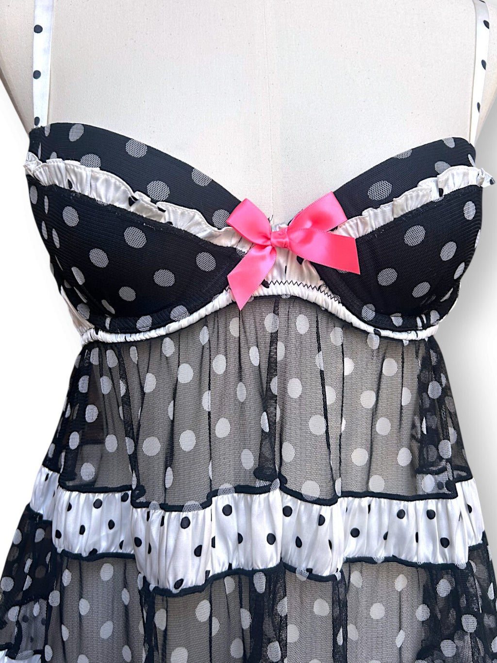 2010 Victoria's Secret Polka Dot Babydoll Lingerie Dress 36B Pink Bows