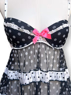 2010 Victoria's Secret Polka Dot Babydoll Lingerie Dress 36B Pink Bows