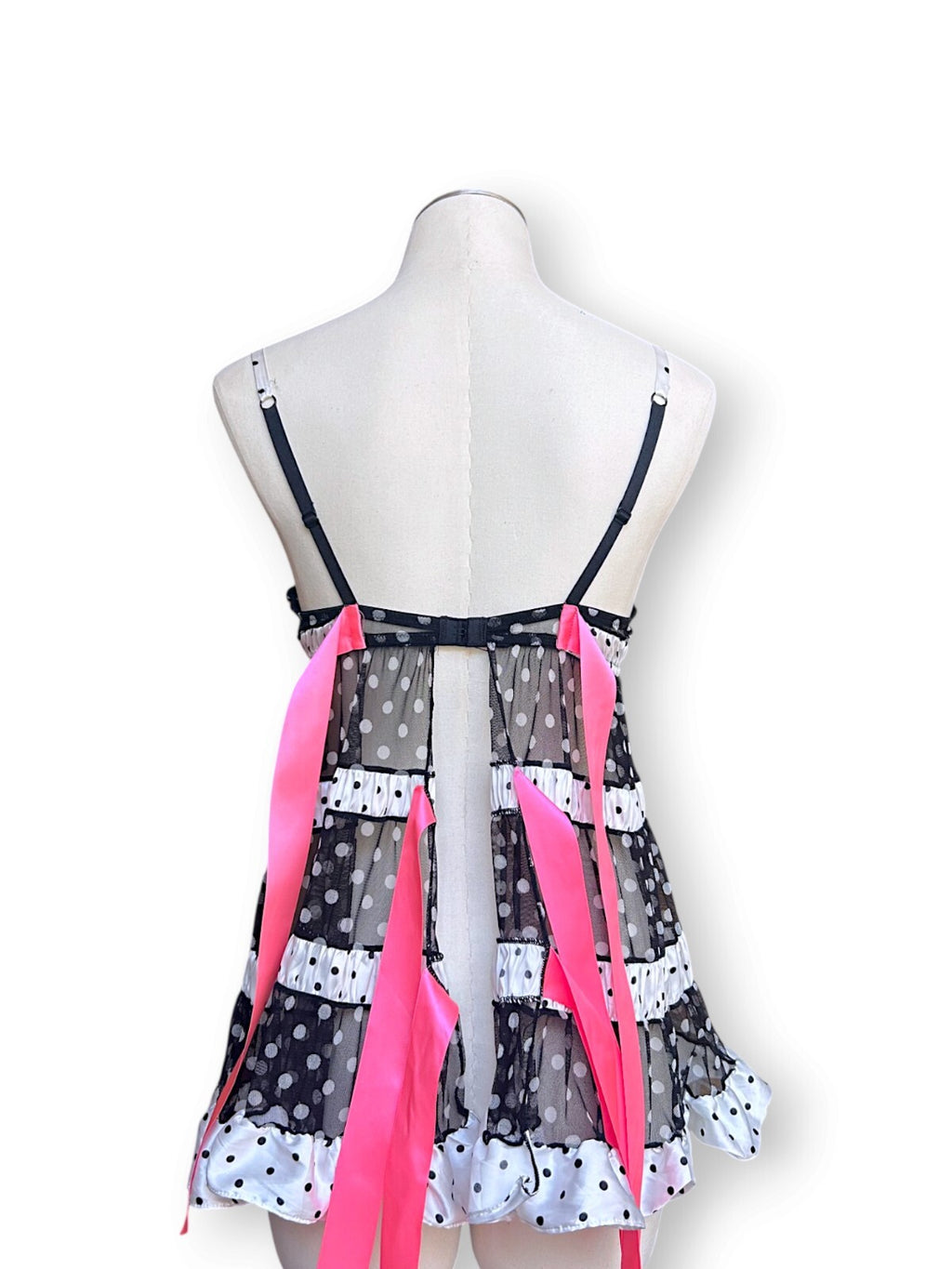 2010 Victoria's Secret Polka Dot Babydoll Lingerie Dress 36B Pink Bows