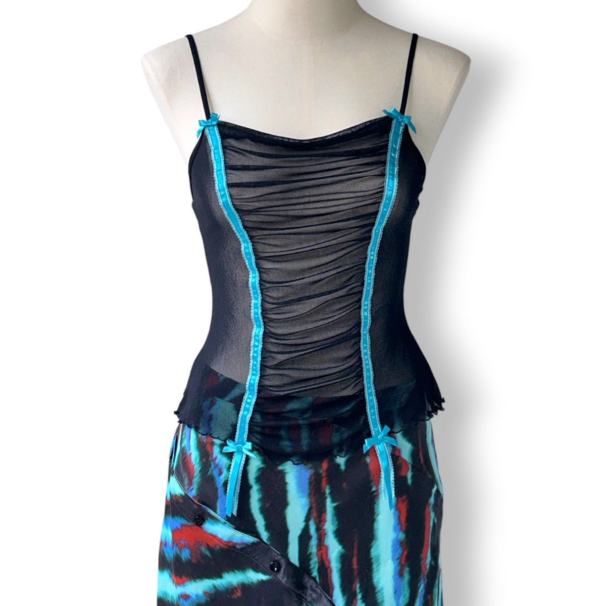 Victoria's Secret Vintage 2005 Mesh Camisole Black Blue Ruched Sheer Y2K McBling