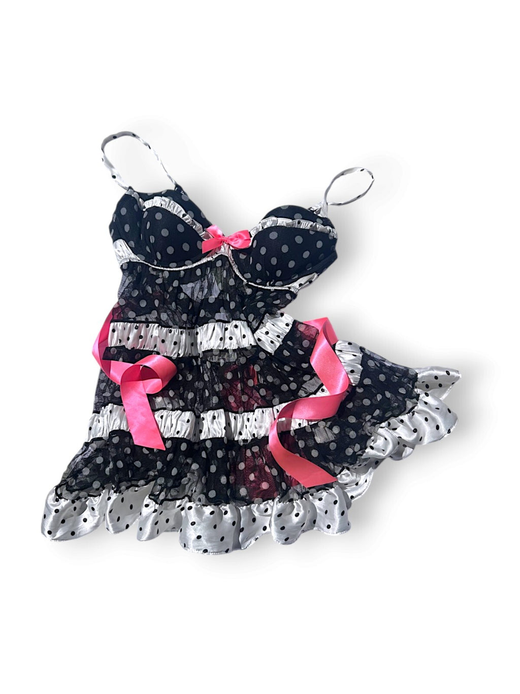 2010 Victoria's Secret Polka Dot Babydoll Lingerie Dress 36B Pink Bows