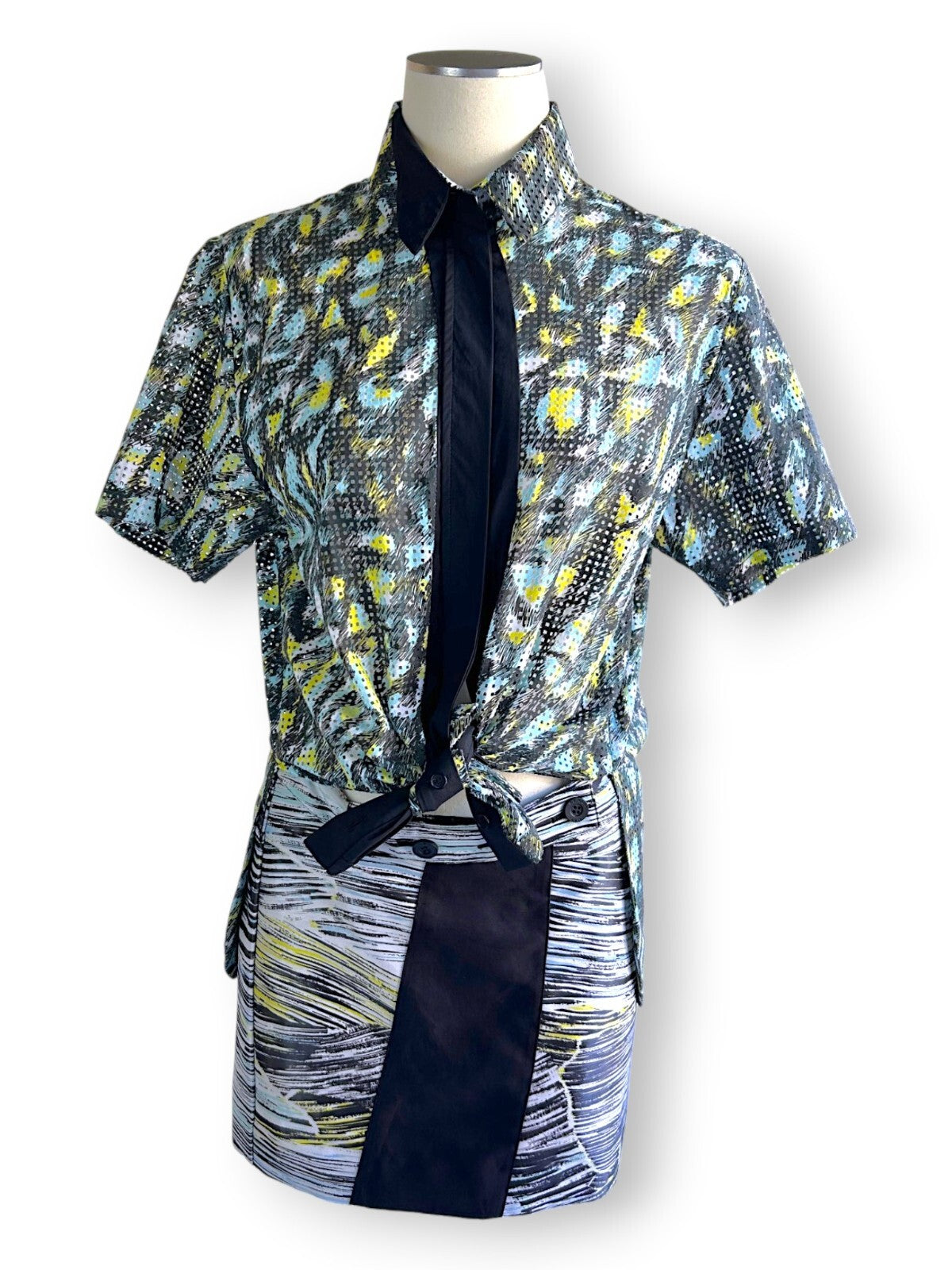 Kenzo Paris Illusion Two Piece Dress in Graphic Painterly Print Cotton Mesh