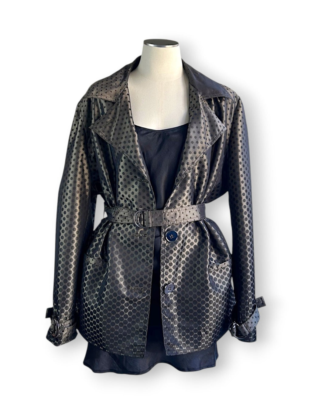 Vintage Y2K Liz Jordan Polka Dot Satin Trench Jacket Belted Black XL