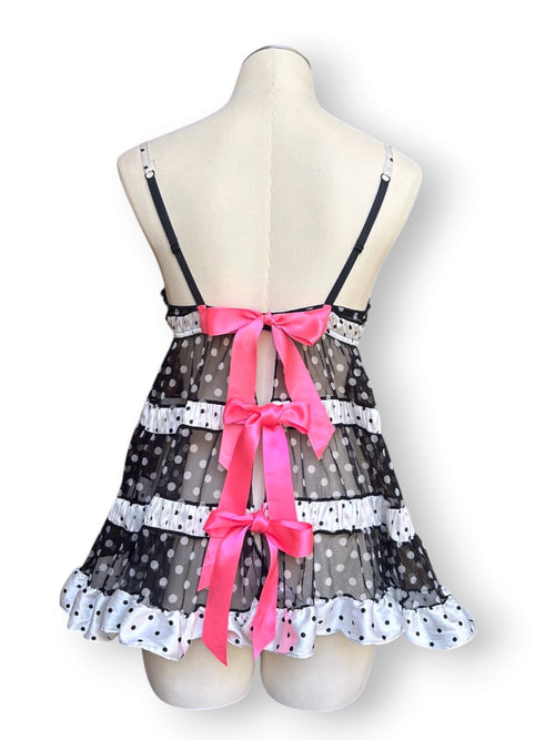 2010 Victoria's Secret Polka Dot Babydoll Lingerie Dress 36B Pink Bows