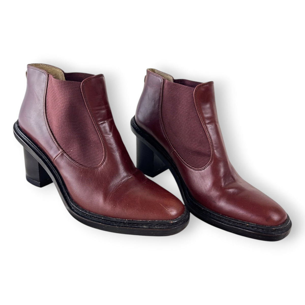 Oroton Oxblood Burgundy Leather Chelsea Ankle Boots Block Heel Sample Size 37