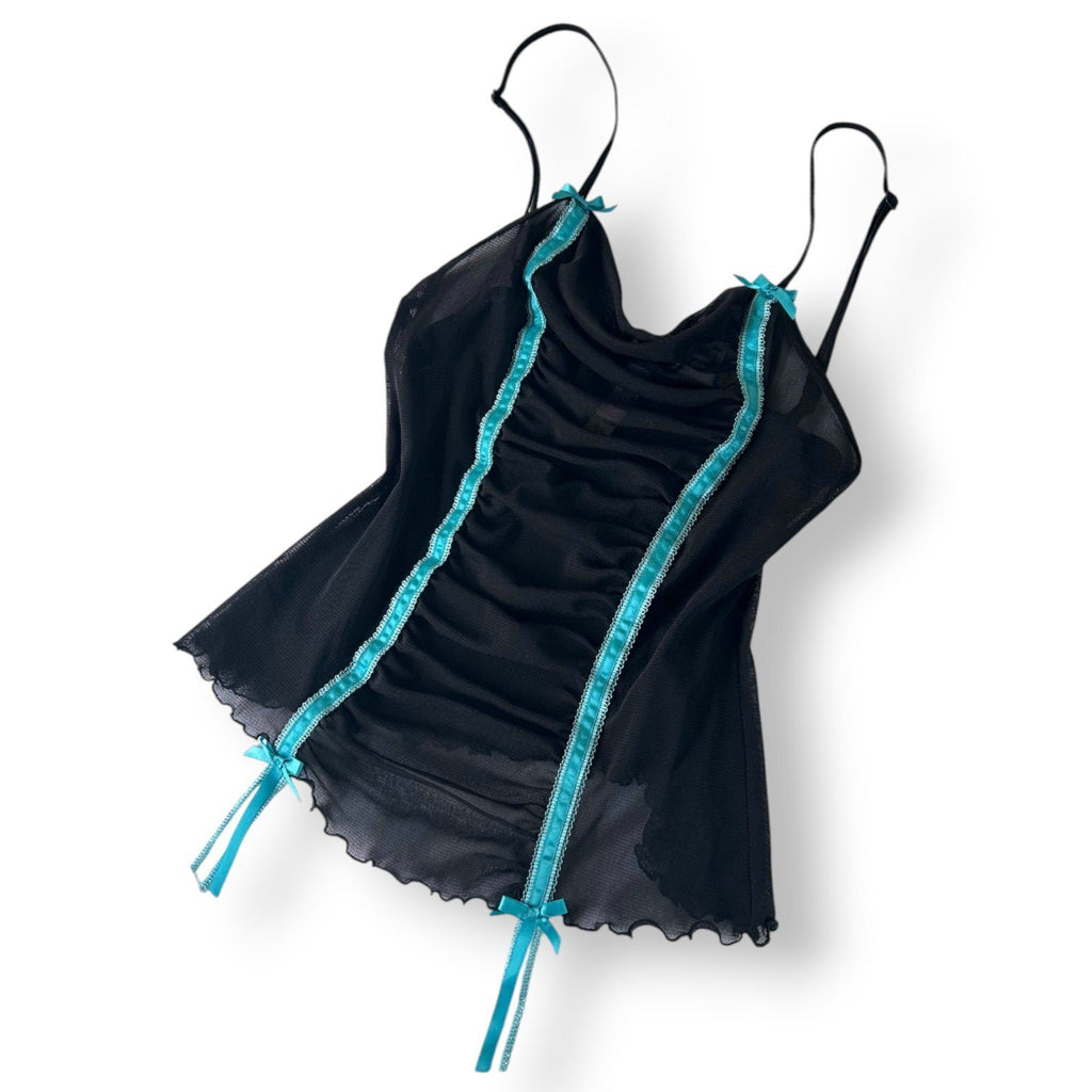 Victoria's Secret Vintage 2005 Mesh Camisole Black Blue Ruched Sheer Y2K McBling