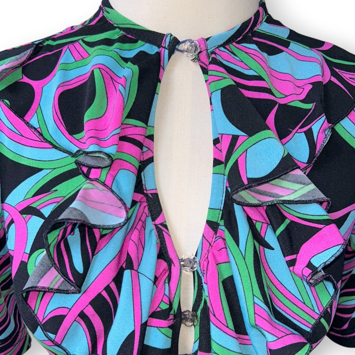 Vintage Review Australia Psychedelic Swirl Ruffle Mini Dress Size 8 Y2K