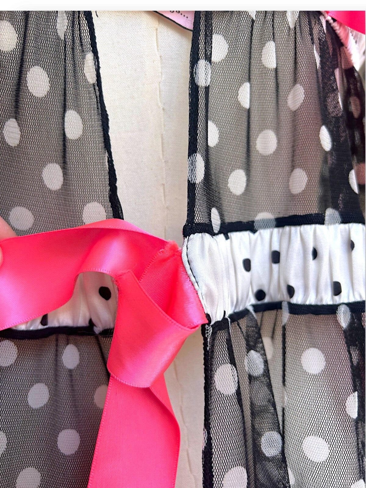 2010 Victoria's Secret Polka Dot Babydoll Lingerie Dress 36B Pink Bows