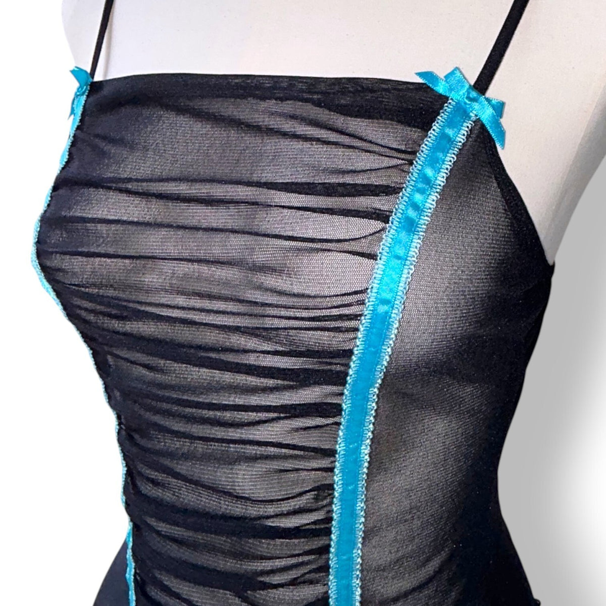 Victoria's Secret Vintage 2005 Mesh Camisole Black Blue Ruched Sheer Y2K McBling