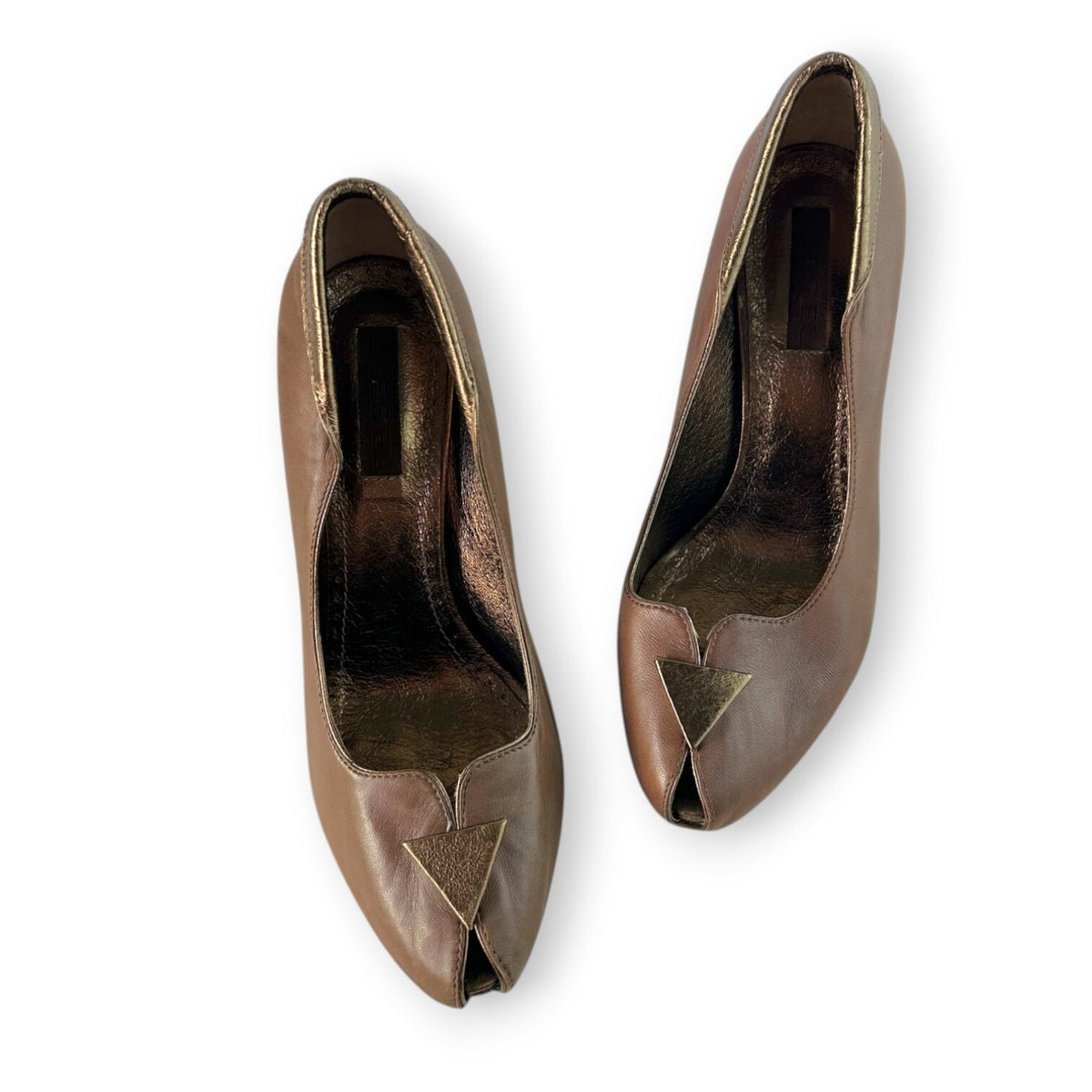 Vintage Y2K Diesel Brown Leather Peep Toe Heels Bronze Trim