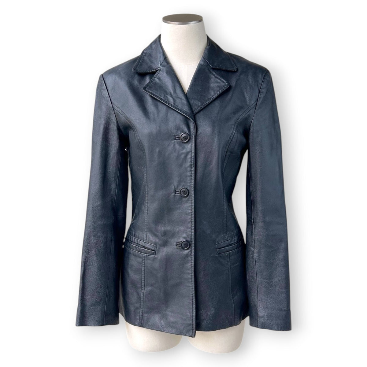 Y2K Black Genuine Leather Tailored Blazer Jacket Office Siren Minimalist Size 8