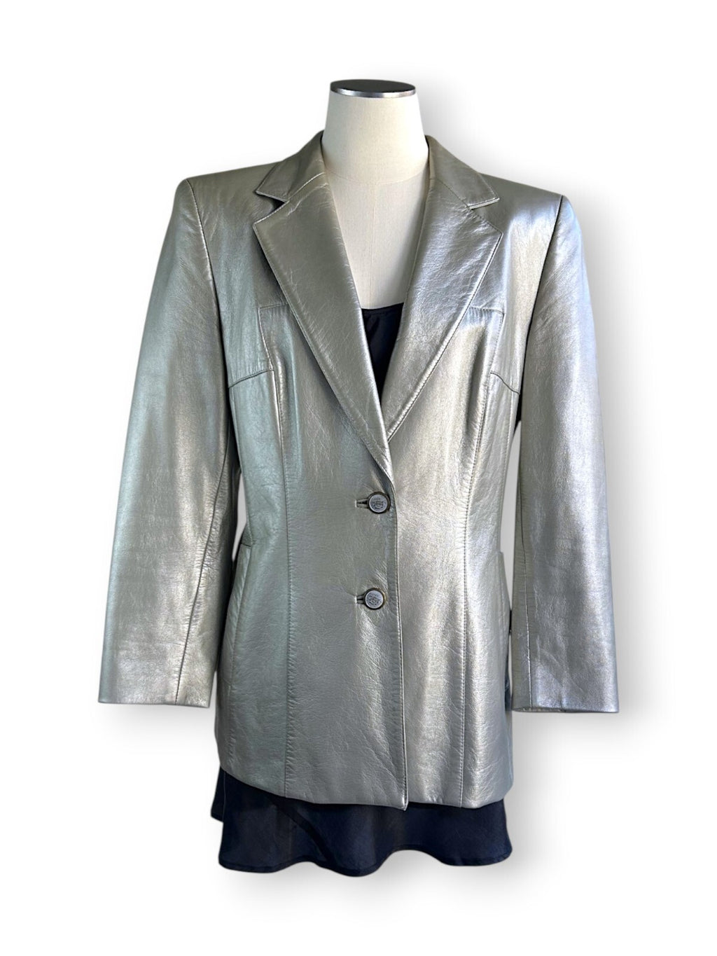 Vintage 90s Escada Metallic Lamb Leather Blazer in Champagne Silver