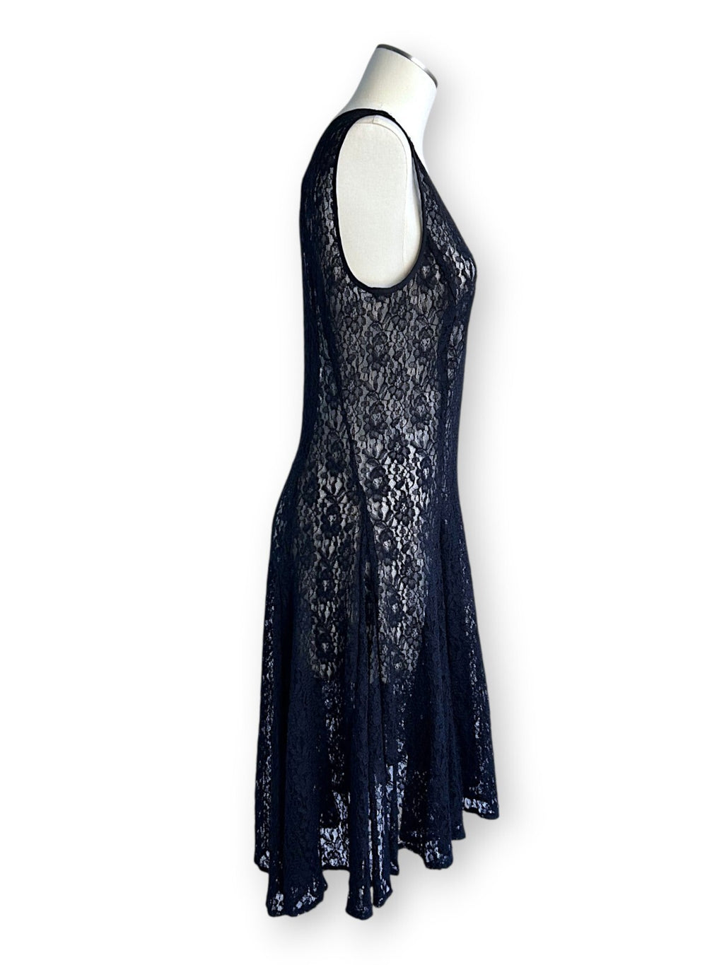 Vintage DKNY Black Lace Sheer Midi Dress Gothic Romantic Layering Dress US 10