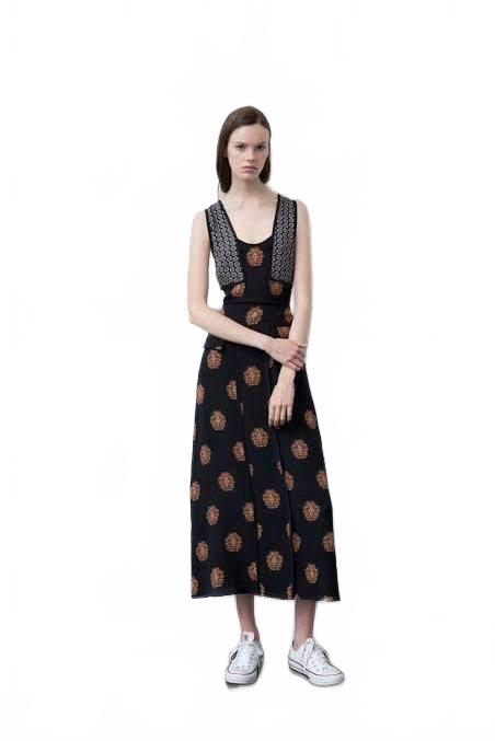 A.L.C. Resort 2016 Silk Crepe de Chine Midi Dress Black Medallion Print AU 10