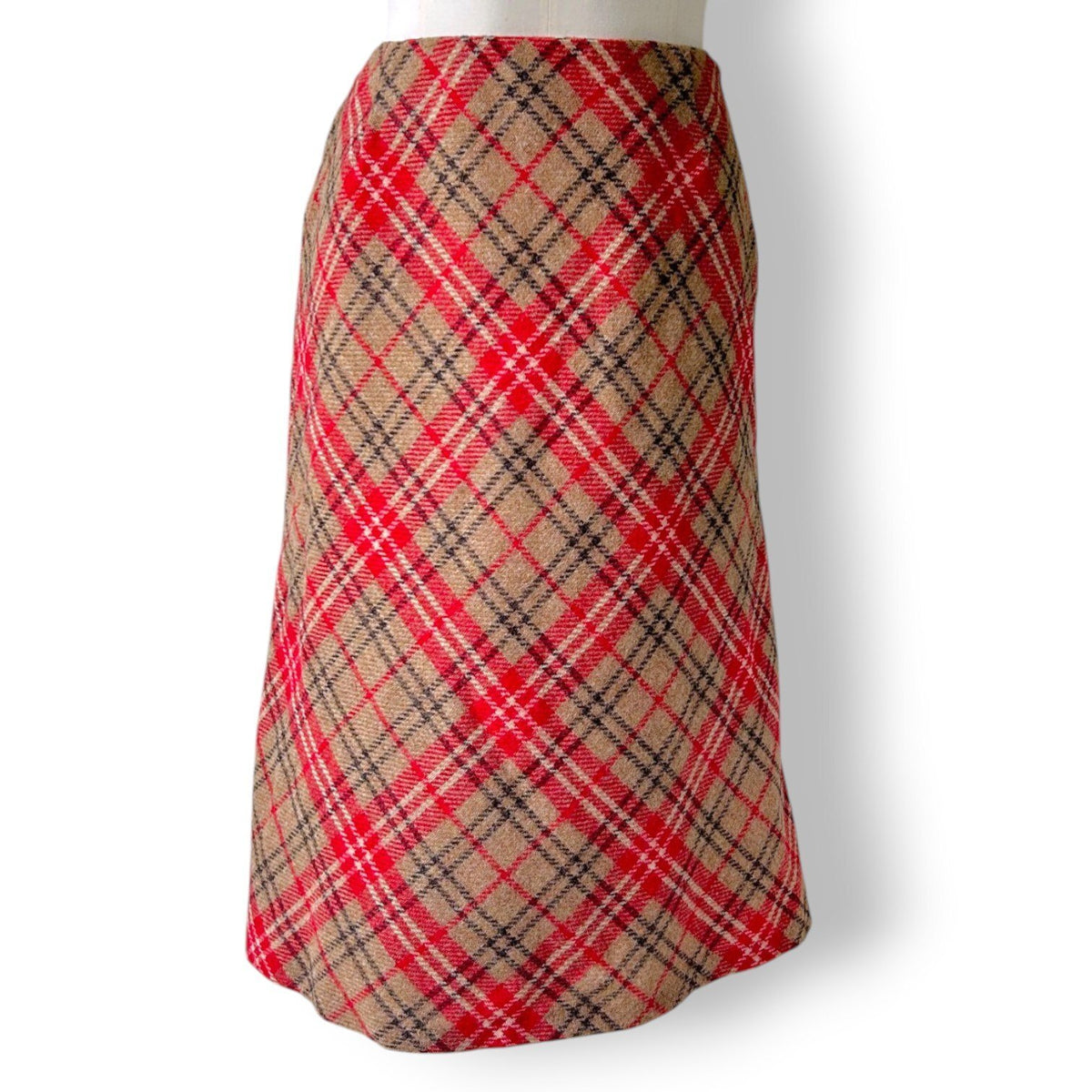 Vintage Laura Ashley Pure Wool Tartan Plaid Midi Skirt Red Beige UK 12 Lined