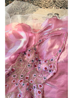 Yve London Y2K Vintage Pink Iridescent Floral Halter Fairy Princess Prom Dress