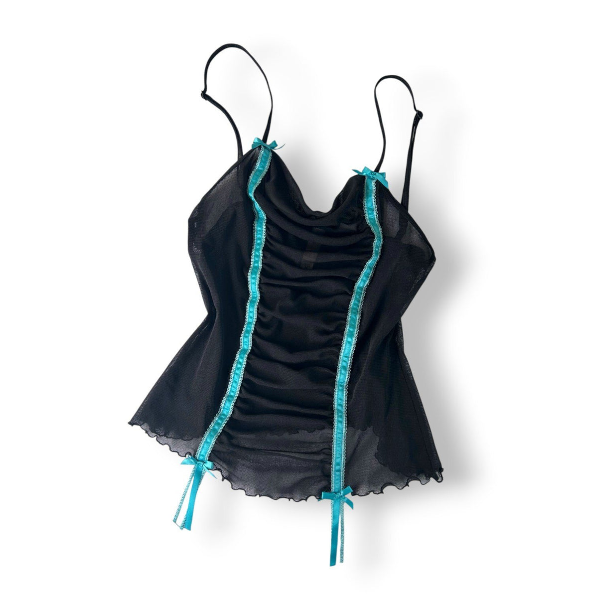 Victoria's Secret Vintage 2005 Mesh Camisole Black Blue Ruched Sheer Y2K McBling