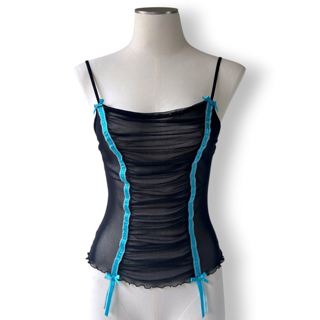 Victoria's Secret Vintage 2005 Mesh Camisole Black Blue Ruched Sheer Y2K McBling