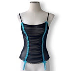 Victoria's Secret Vintage 2005 Mesh Camisole Black Blue Ruched Sheer Y2K McBling