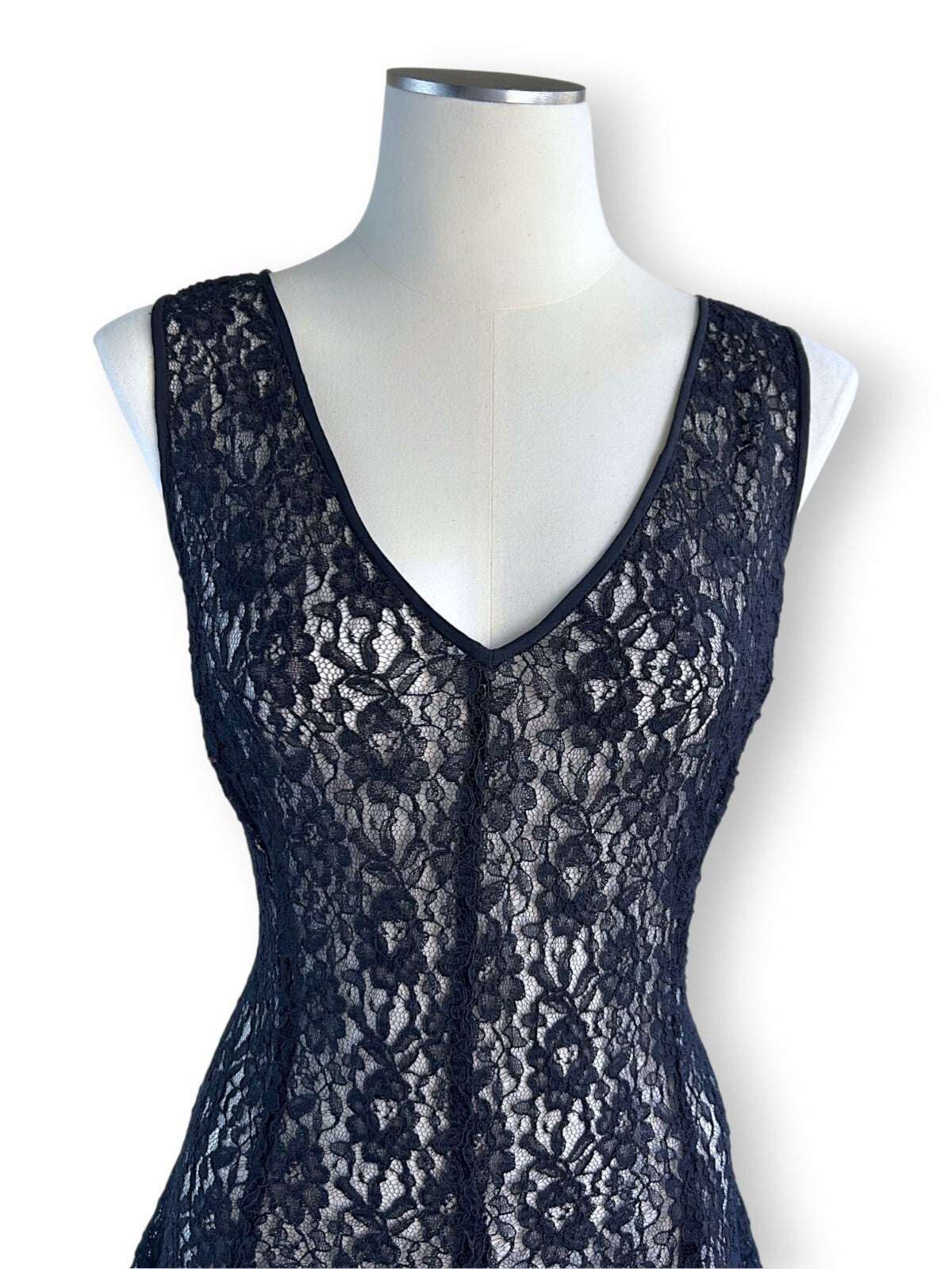 Vintage DKNY Black Lace Sheer Midi Dress Gothic Romantic Layering Dress US 10