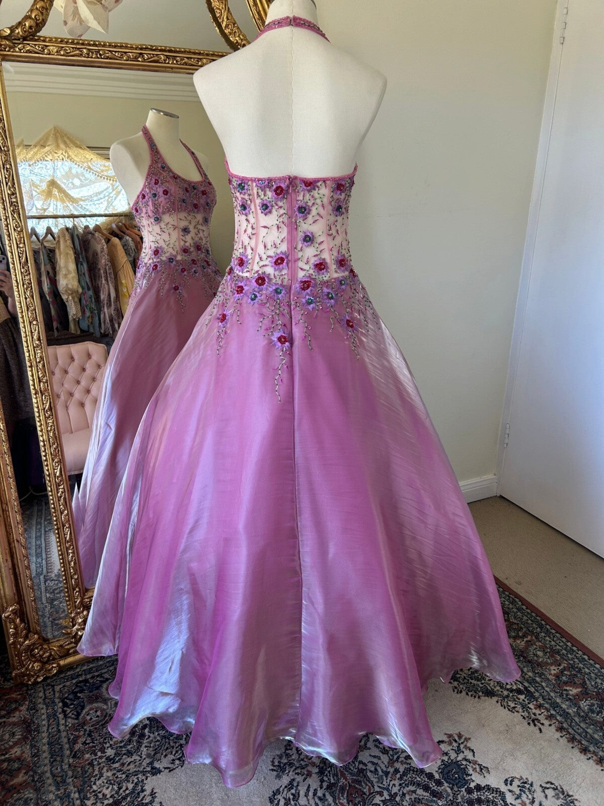 Yve London Y2K Vintage Pink Iridescent Floral Halter Fairy Princess Prom Dress
