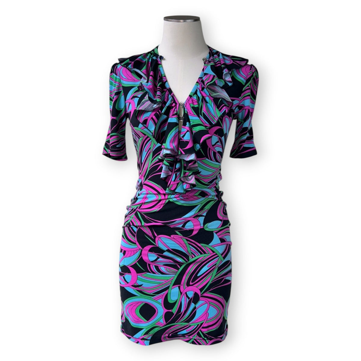 Vintage Review Australia Psychedelic Swirl Ruffle Mini Dress Size 8 Y2K