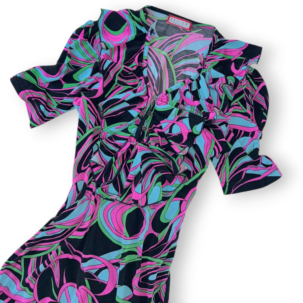 Vintage Review Australia Psychedelic Swirl Ruffle Mini Dress Size 8 Y2K