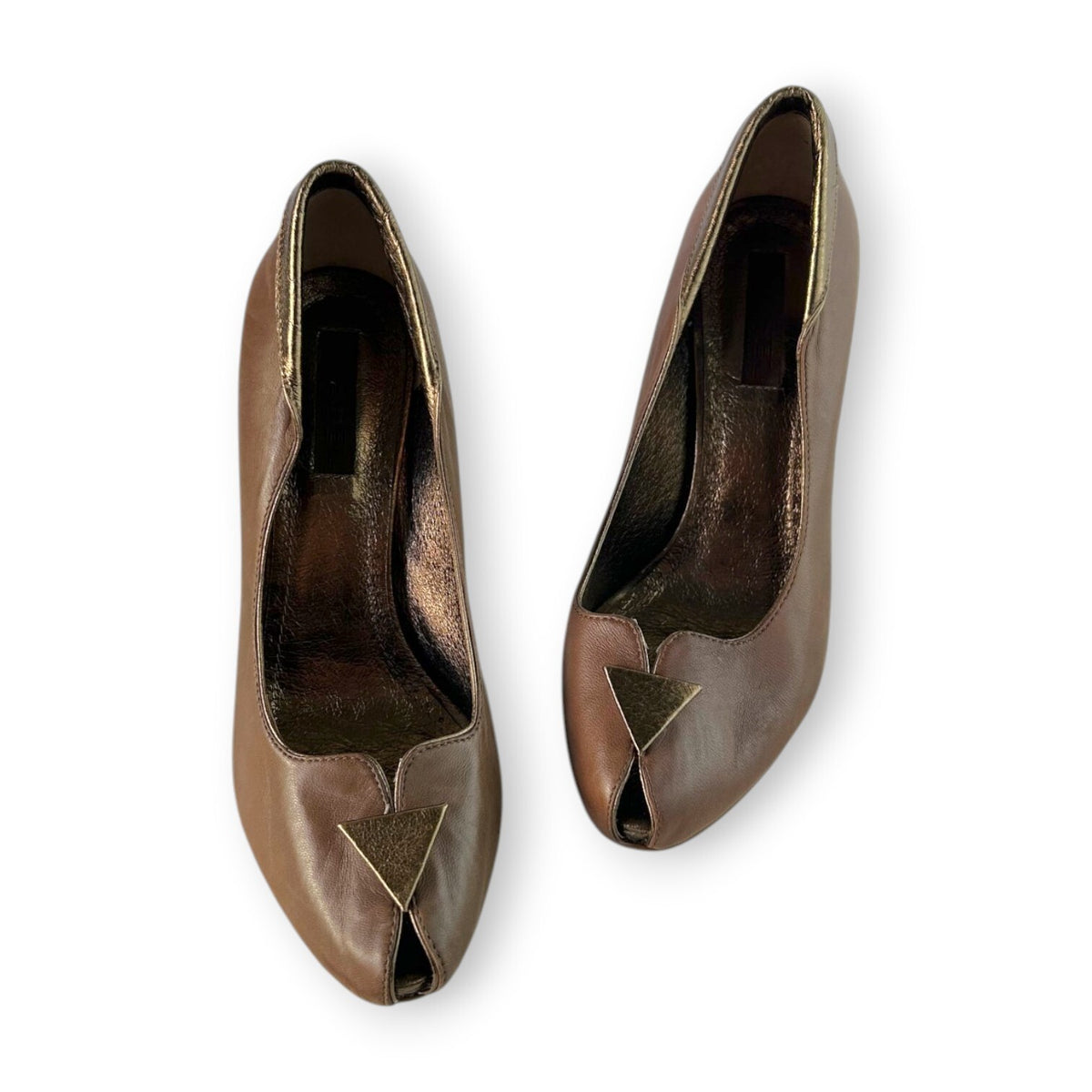 Vintage Y2K Diesel Brown Leather Peep Toe Heels Bronze Trim