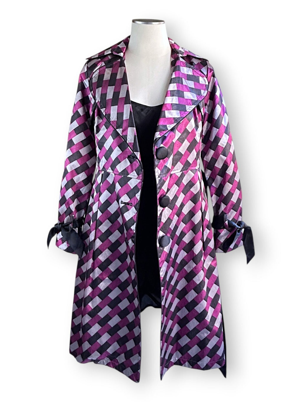 Vintage Harlequin Satin Hostess Dress Coat in Pink Black Diamond Print