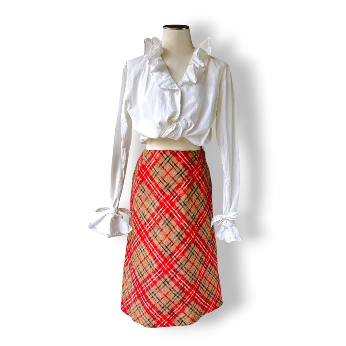 Vintage Laura Ashley Pure Wool Tartan Plaid Midi Skirt Red Beige UK 12 Lined