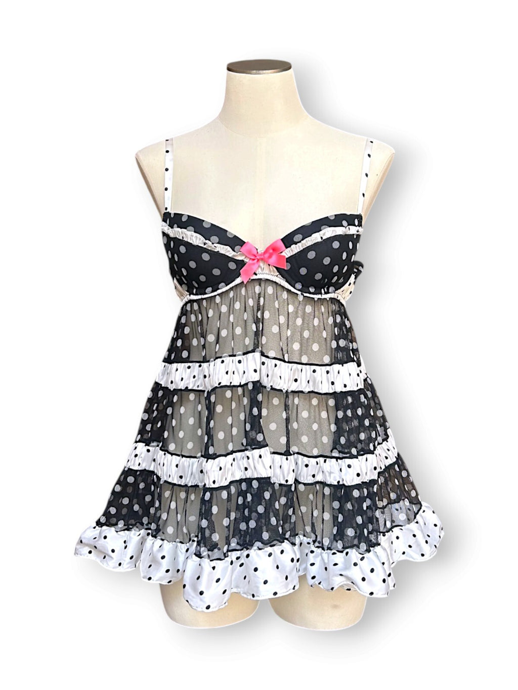 2010 Victoria's Secret Polka Dot Babydoll Lingerie Dress 36B Pink Bows
