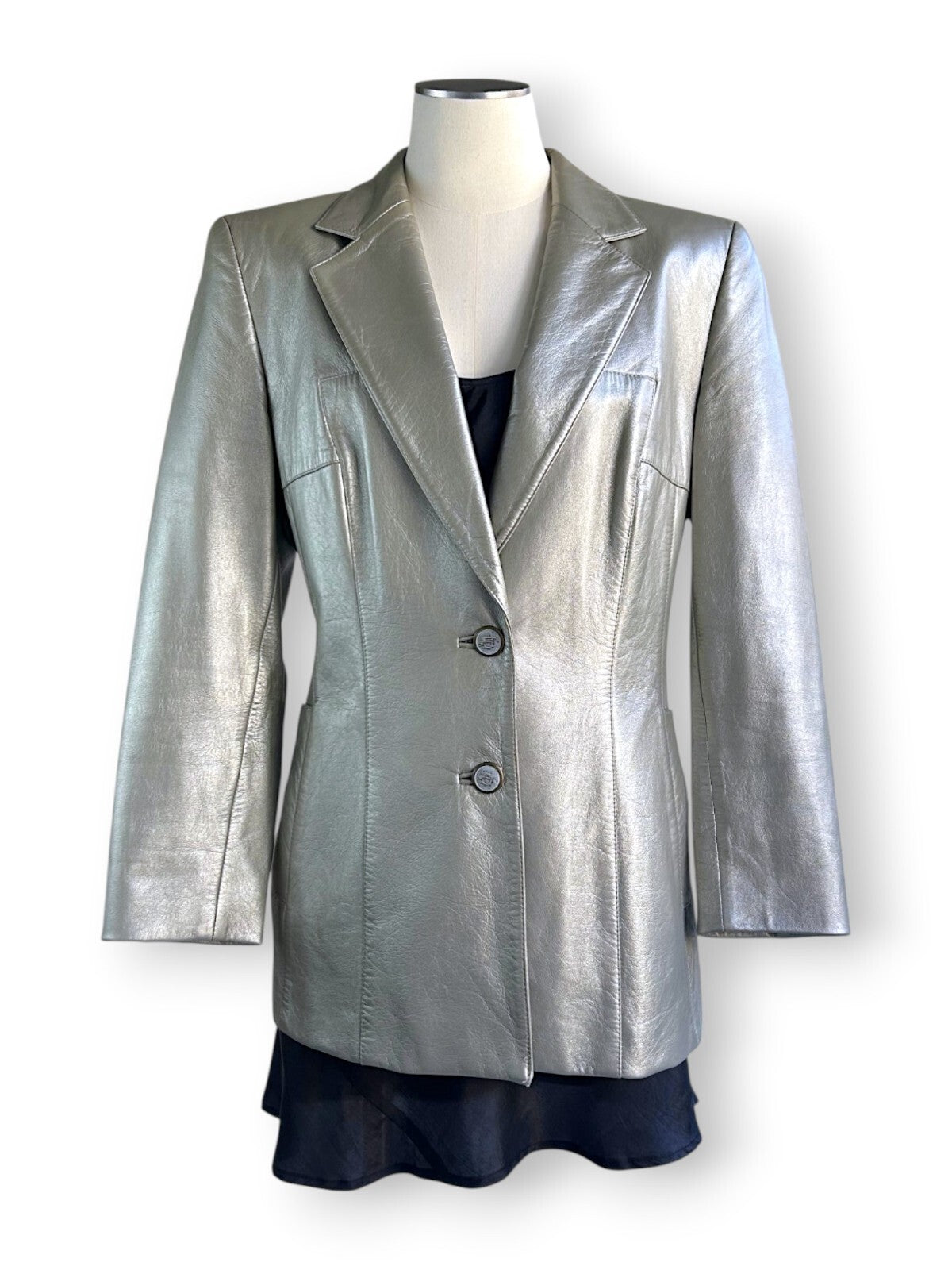 Vintage 90s Escada Metallic Lamb Leather Blazer in Champagne Silver