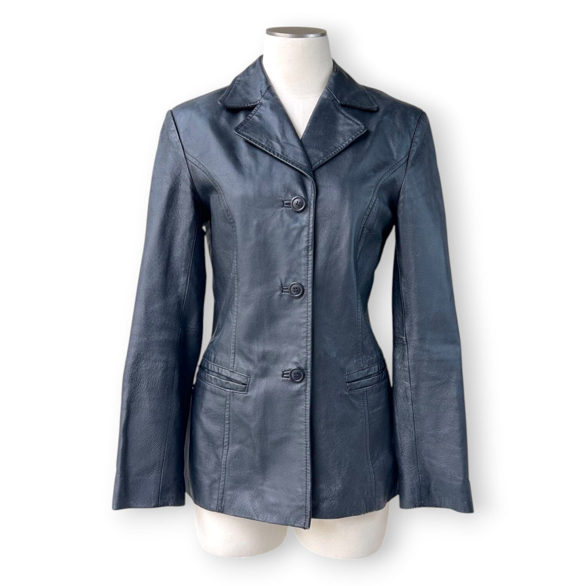 Y2K Black Genuine Leather Tailored Blazer Jacket Office Siren Minimalist Size 8