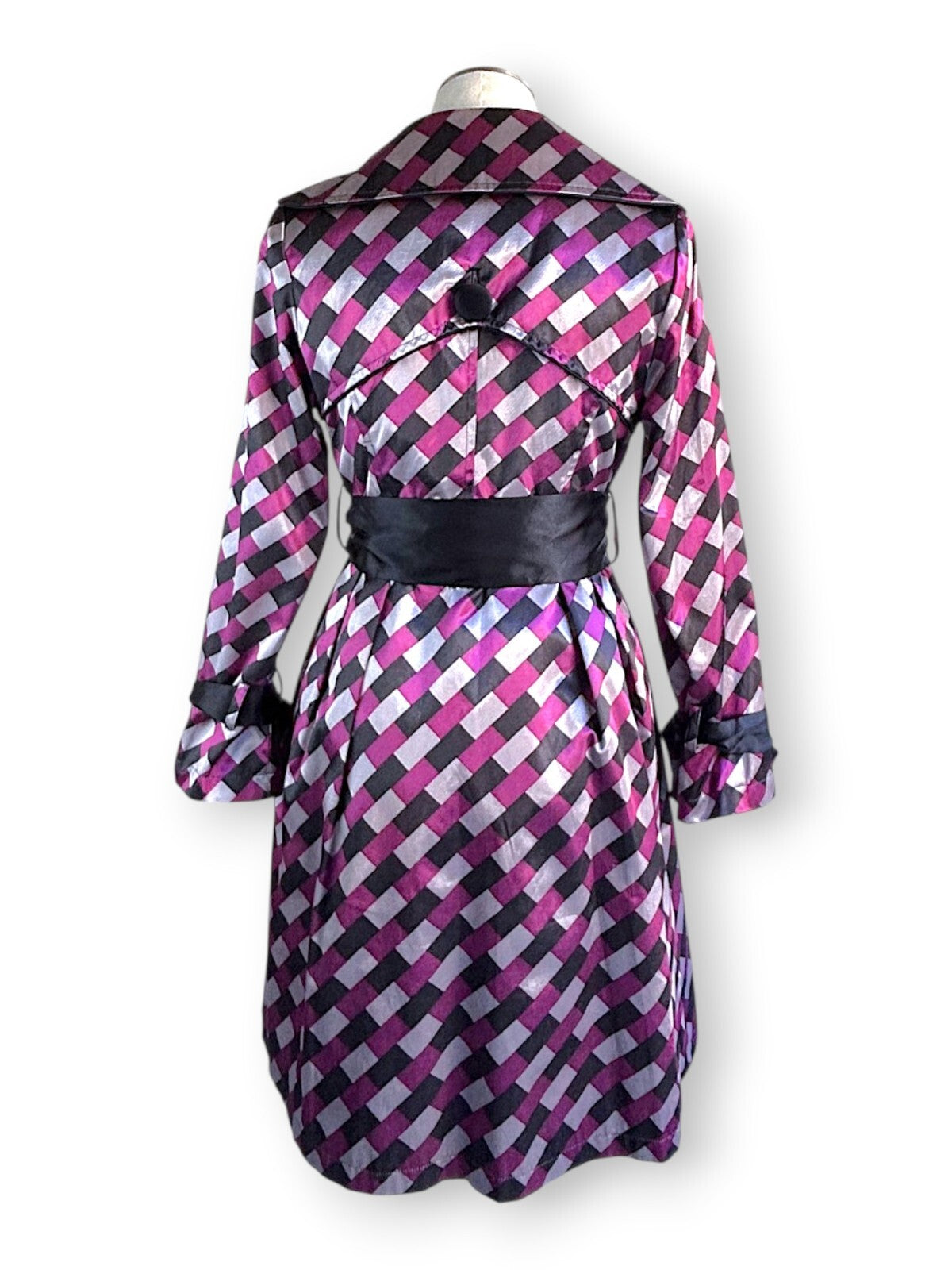 Vintage Harlequin Satin Hostess Dress Coat in Pink Black Diamond Print