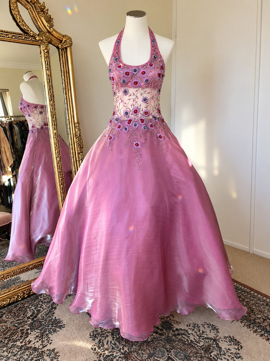 Yve London Y2K Vintage Pink Iridescent Floral Halter Fairy Princess Prom Dress