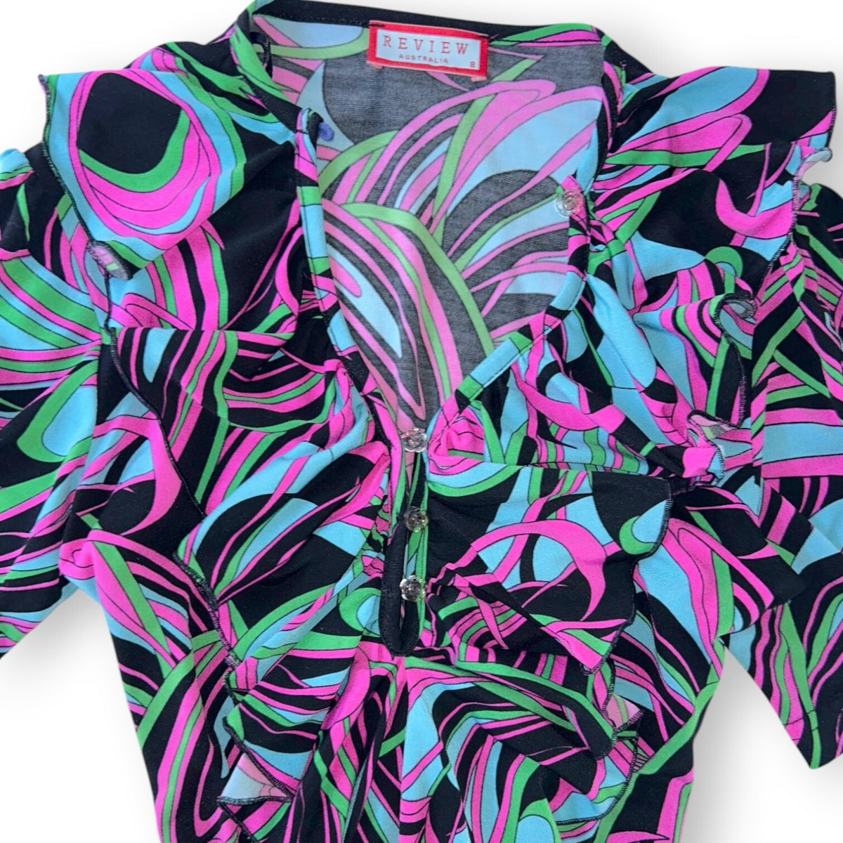 Vintage Review Australia Psychedelic Swirl Ruffle Mini Dress Size 8 Y2K