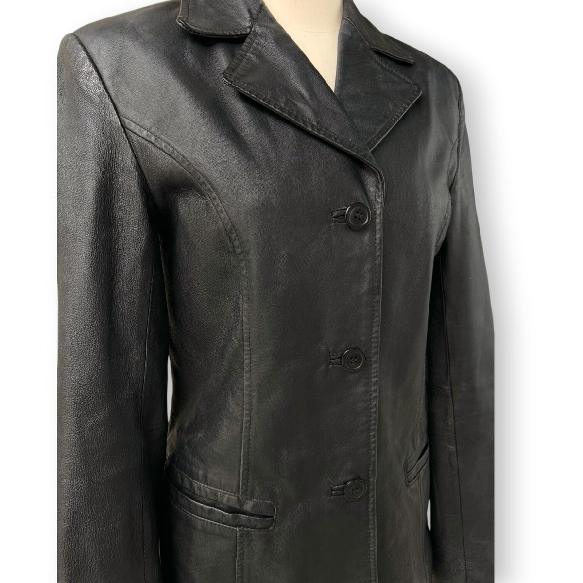 Y2K Black Genuine Leather Tailored Blazer Jacket Office Siren Minimalist Size 8