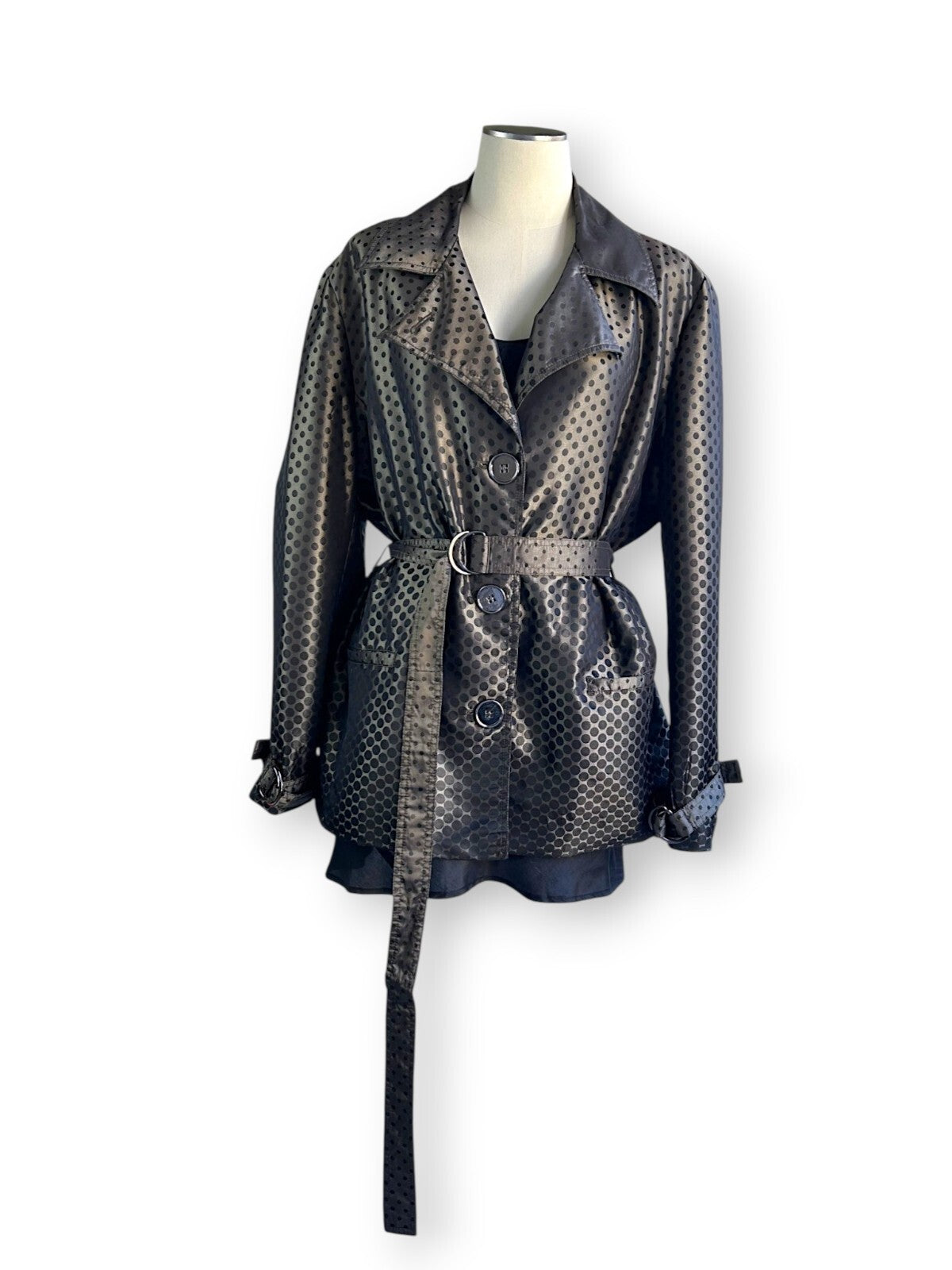 Vintage Y2K Liz Jordan Polka Dot Satin Trench Jacket Belted Black XL