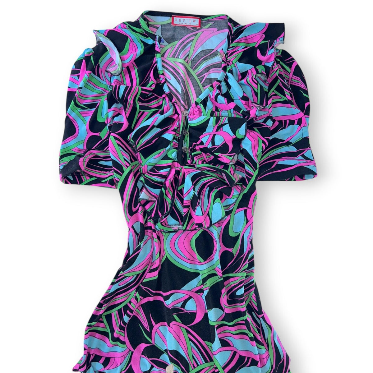 Vintage Review Australia Psychedelic Swirl Ruffle Mini Dress Size 8 Y2K