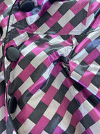 Vintage Harlequin Satin Hostess Dress Coat in Pink Black Diamond Print