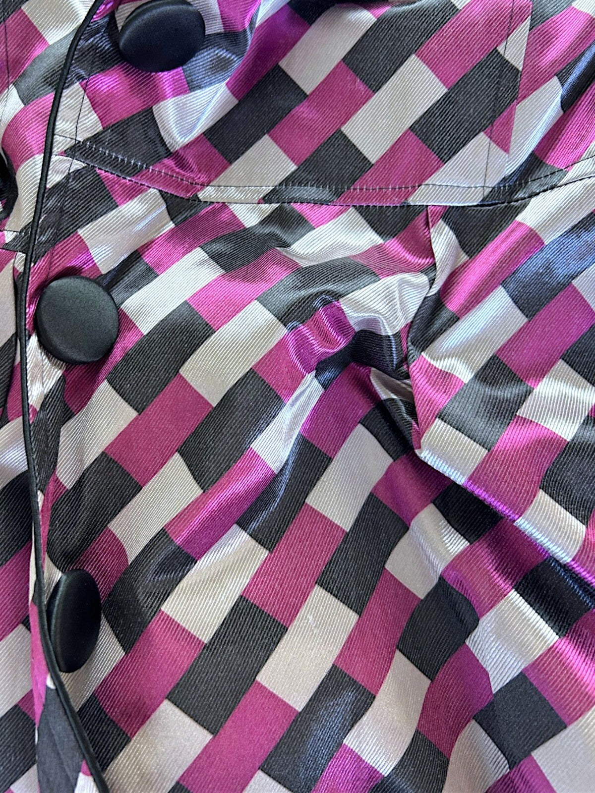Vintage Harlequin Satin Hostess Dress Coat in Pink Black Diamond Print