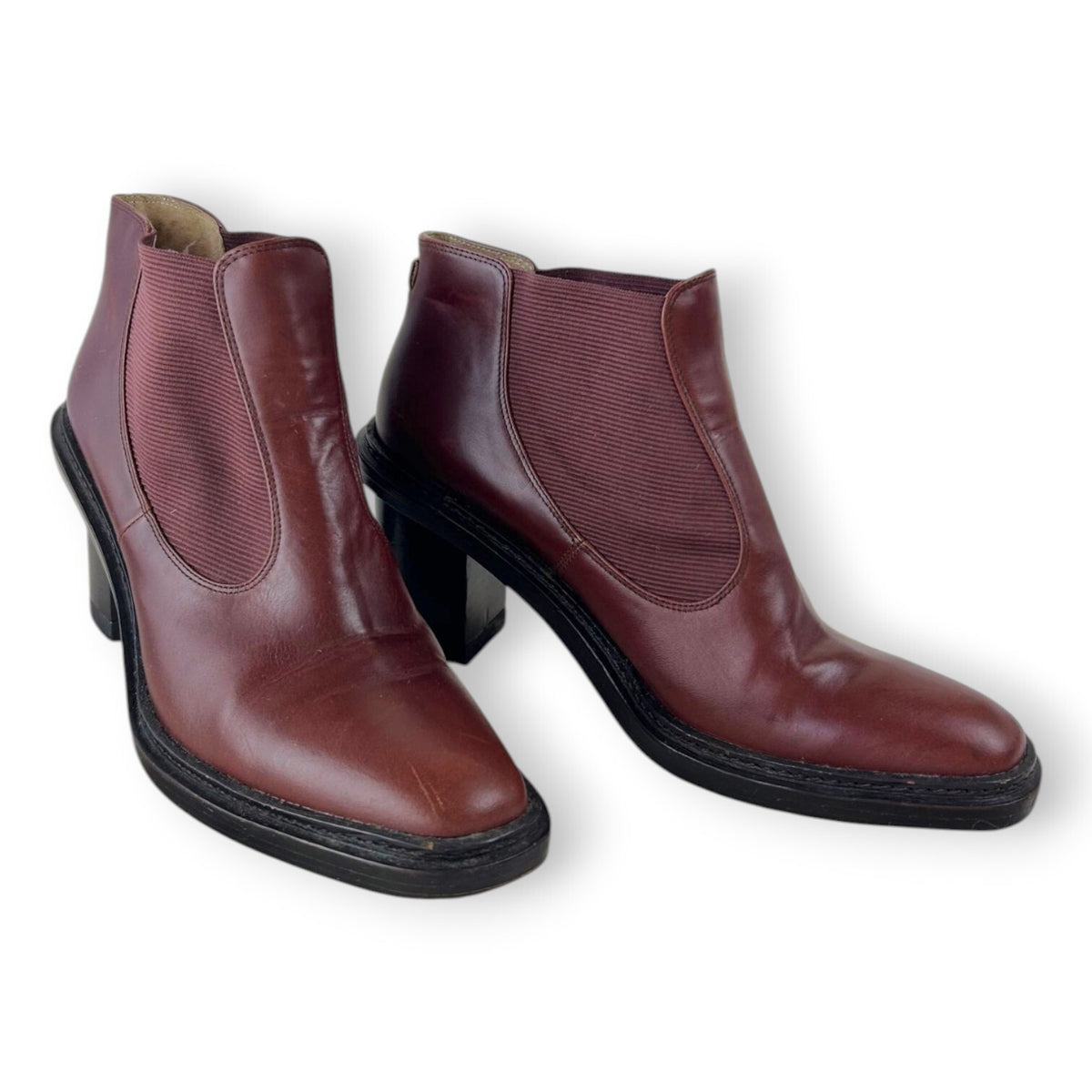 Oroton Oxblood Burgundy Leather Chelsea Ankle Boots Block Heel Sample Size 37